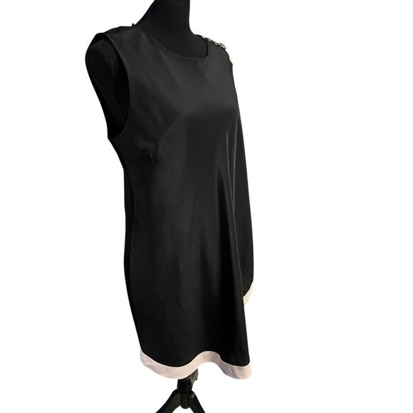 TED BAKER Black Sleeveless Asymmetrical Dress Women 4 Beige Trim Button Shoulder - Picture 5 of 13